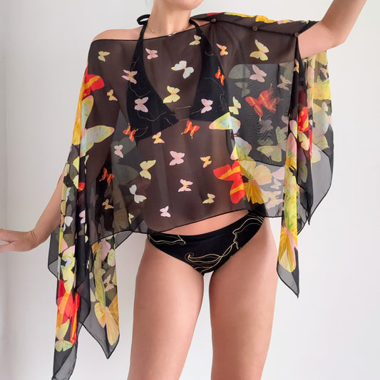 Y2K Black Butterfly Poncho Shawl / One Size