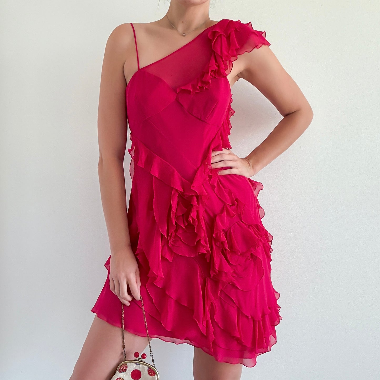 Hot Pink Silk Ruffle One Shoulder Dress / SZ 8