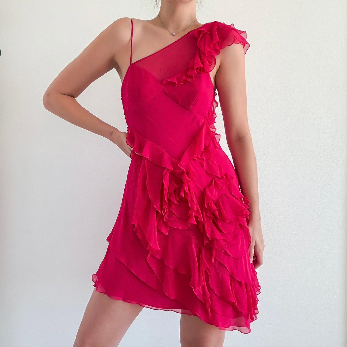 Hot Pink Silk Ruffle One Shoulder Dress / SZ 8