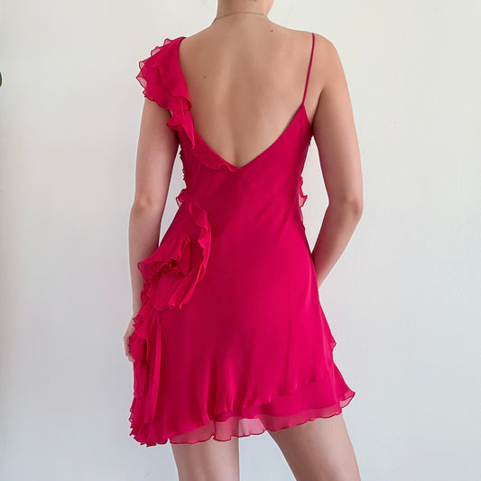 Hot Pink Silk Ruffle One Shoulder Dress / SZ 8