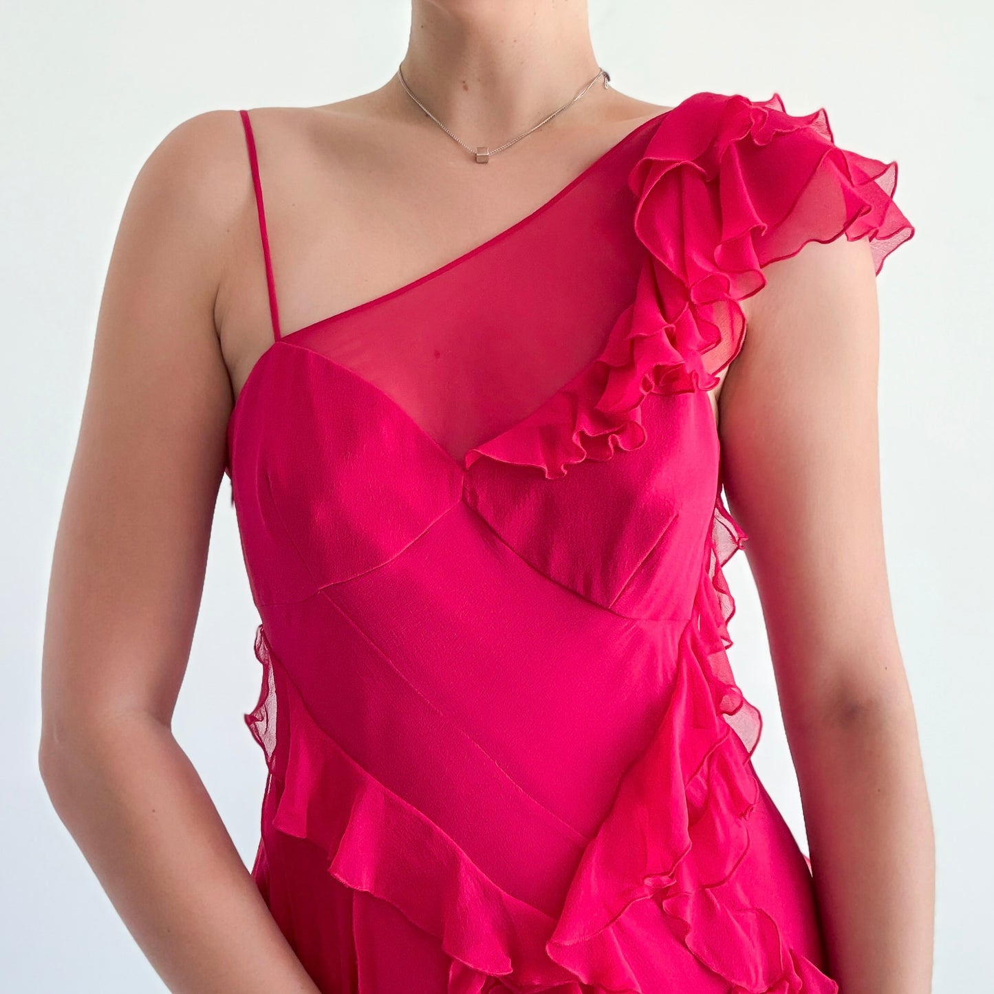 Hot Pink Silk Ruffle One Shoulder Dress / SZ 8