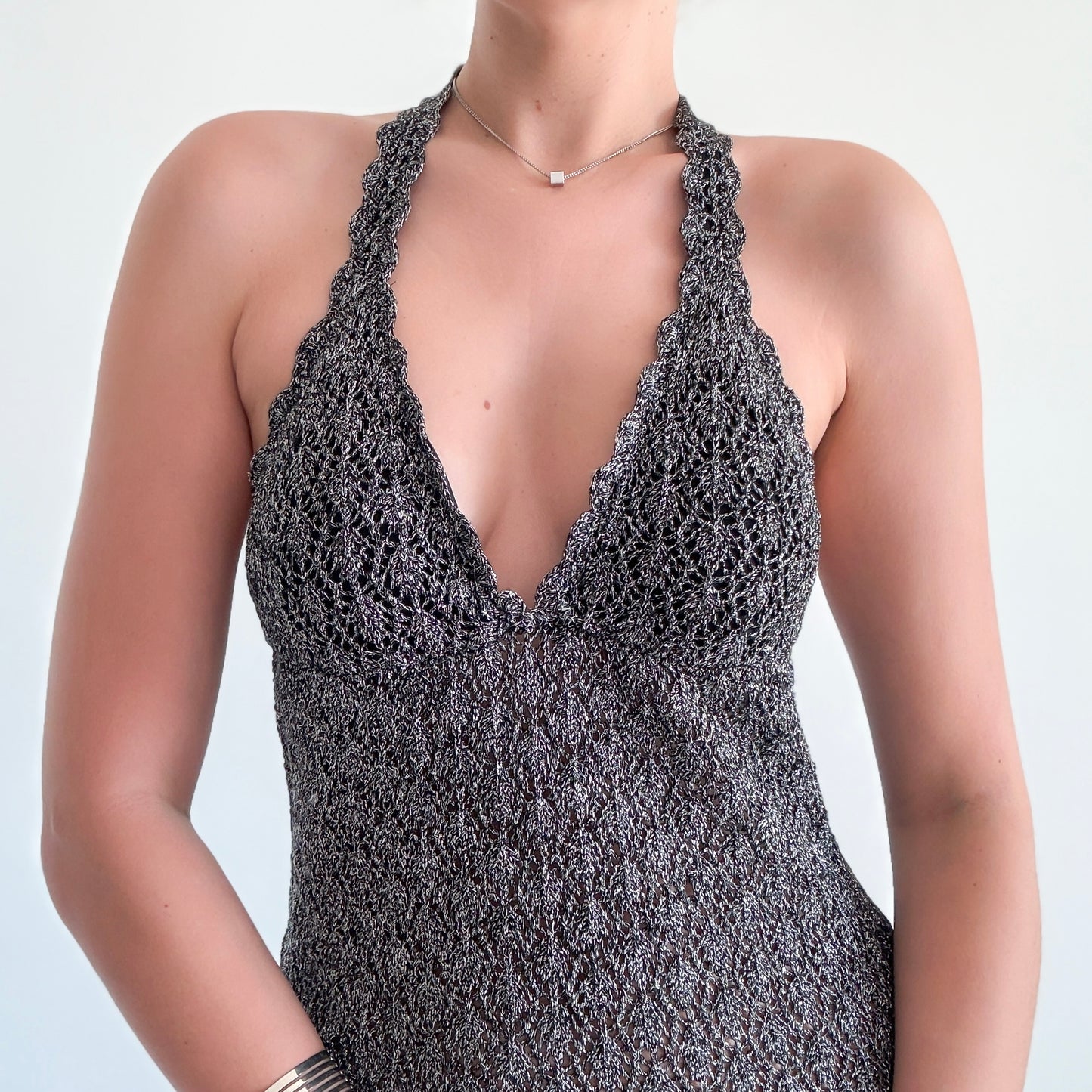 Y2K Gunmetal Metallic Crochet Mini Dress / SZ S/M
