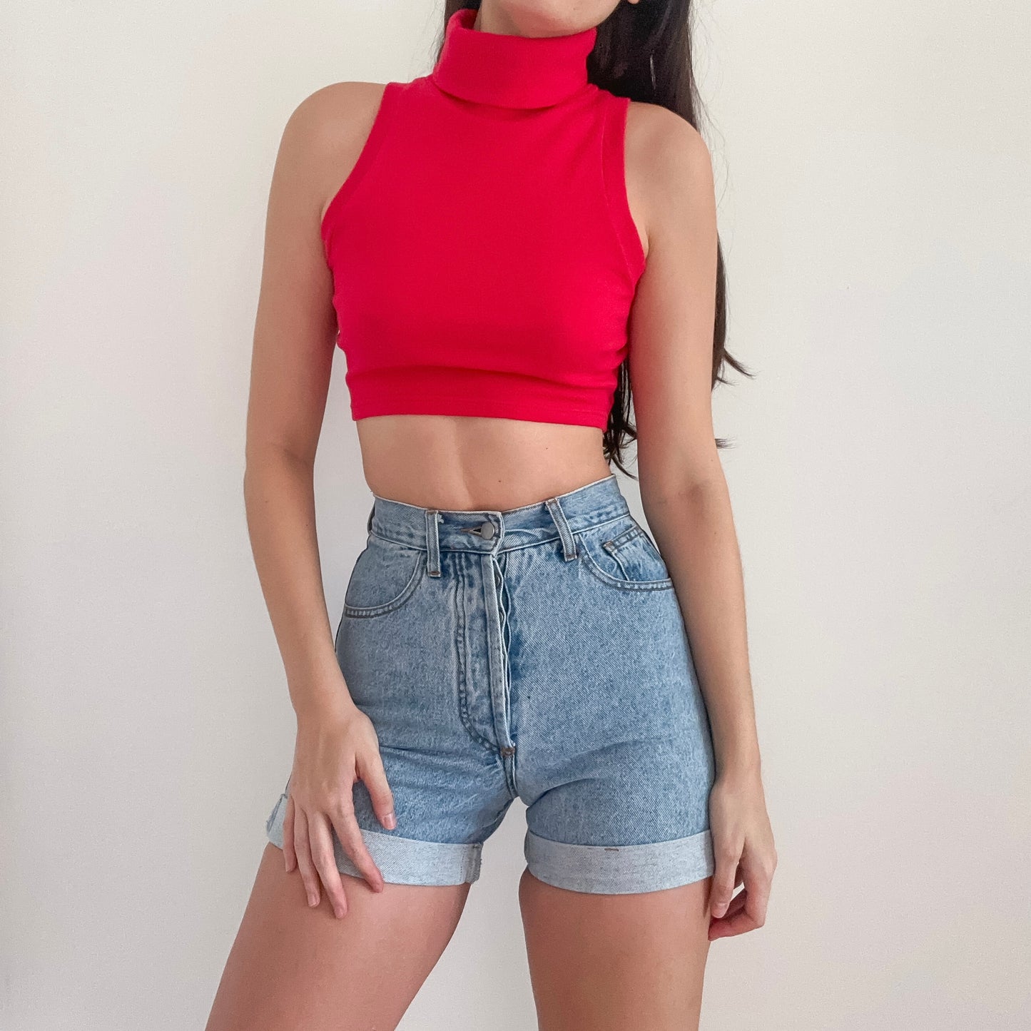 90's Red Cropped Turtleneck Top / SZ M
