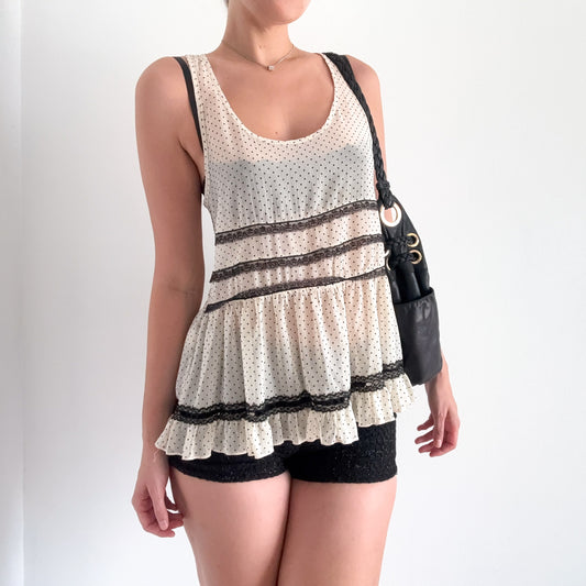 Y2K Cream & Black Polka Dot Lace Top / SZ M