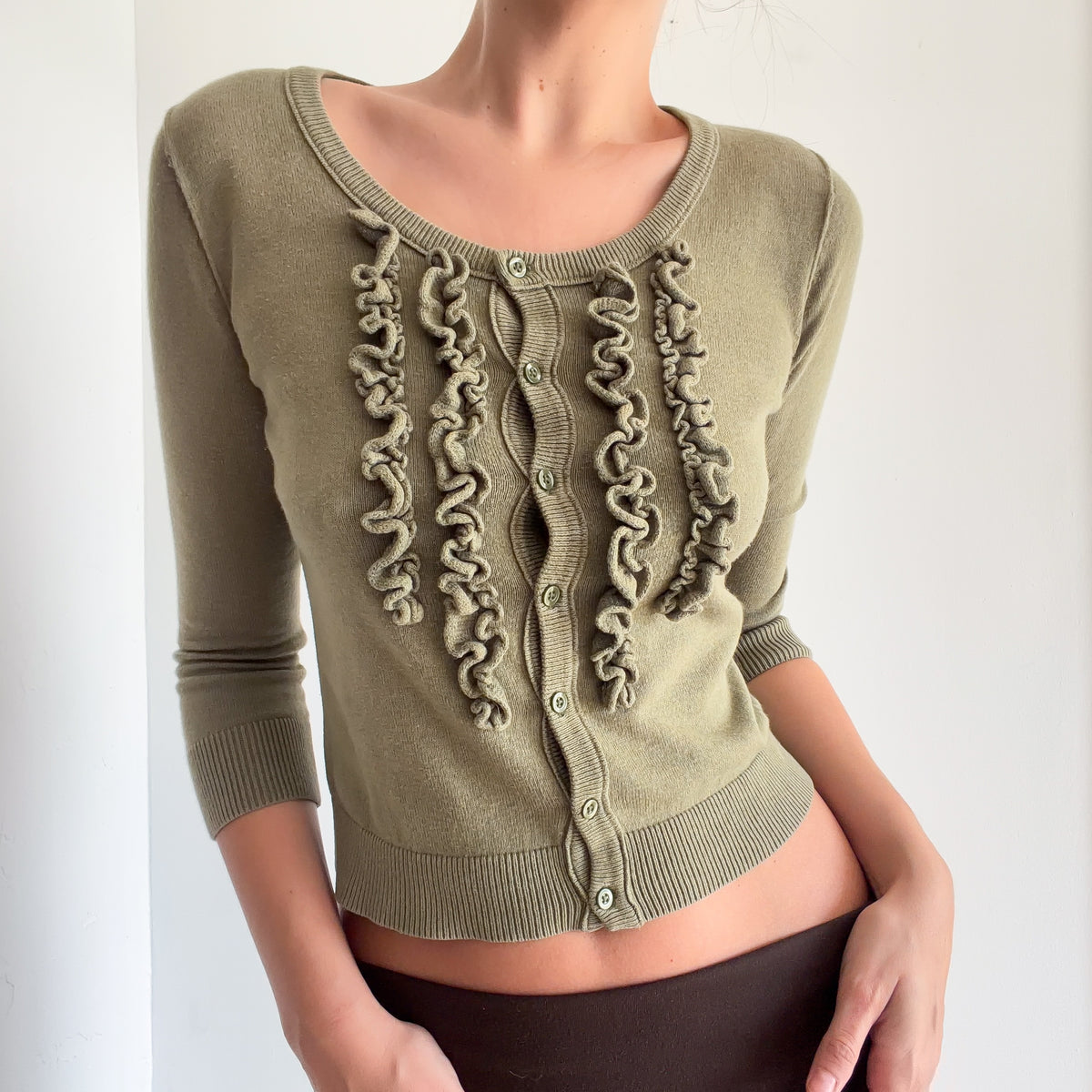 Y2K Olive Ruffle Knit Cardigan / SZ M