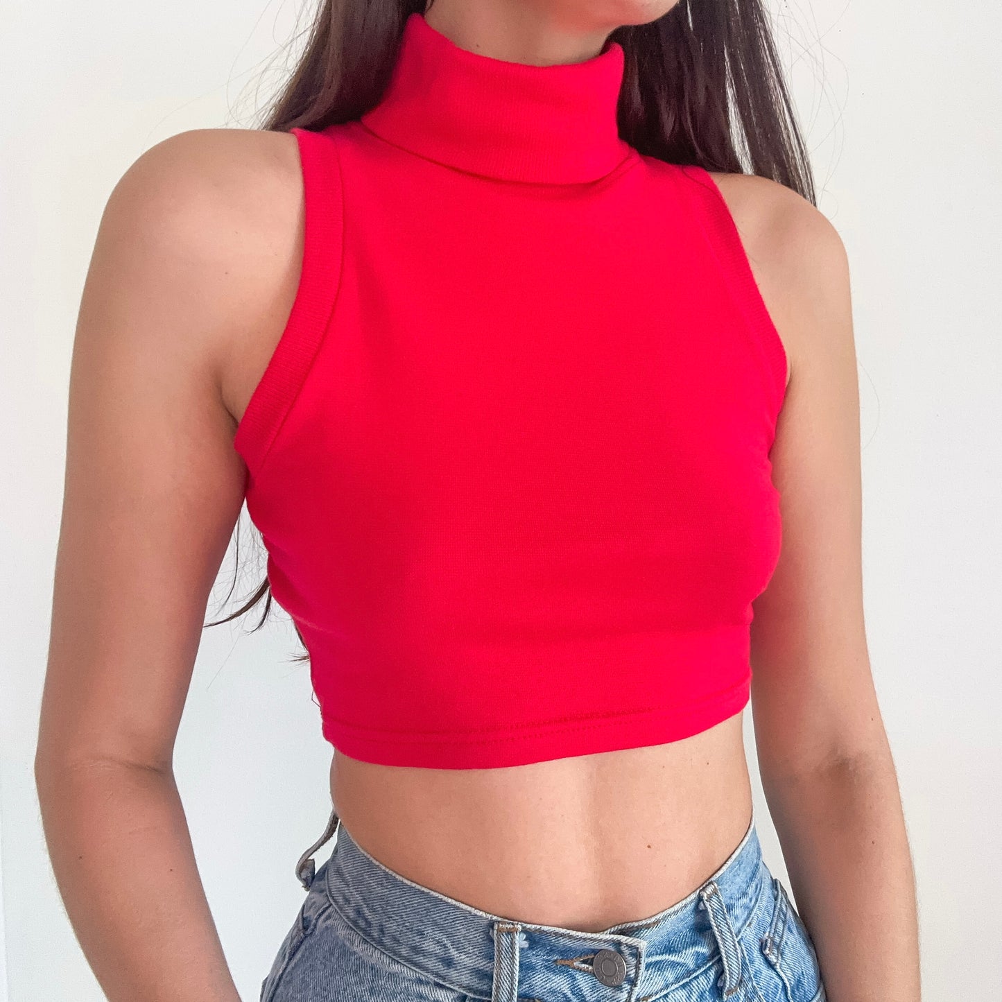 90's Red Cropped Turtleneck Top / SZ M