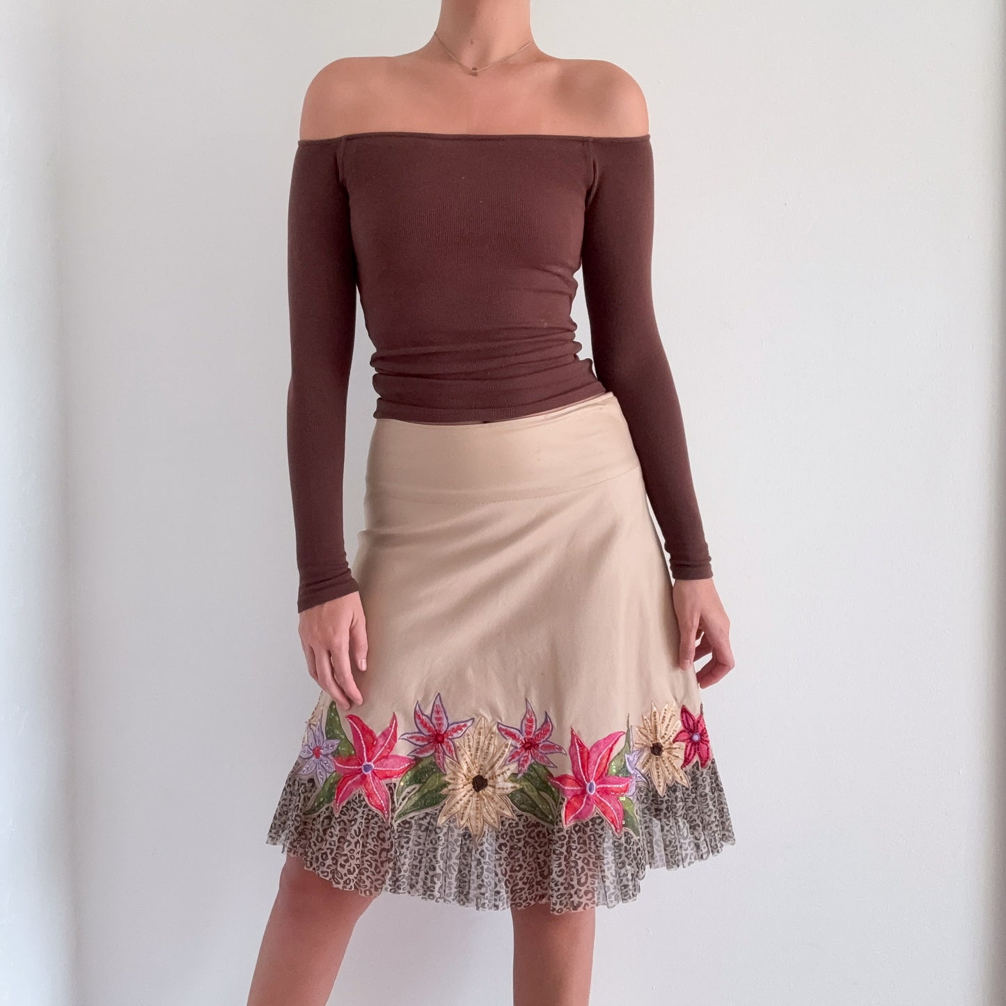 Y2K Tan Embroidered Flower Leopard Midi Skirt / SZ S