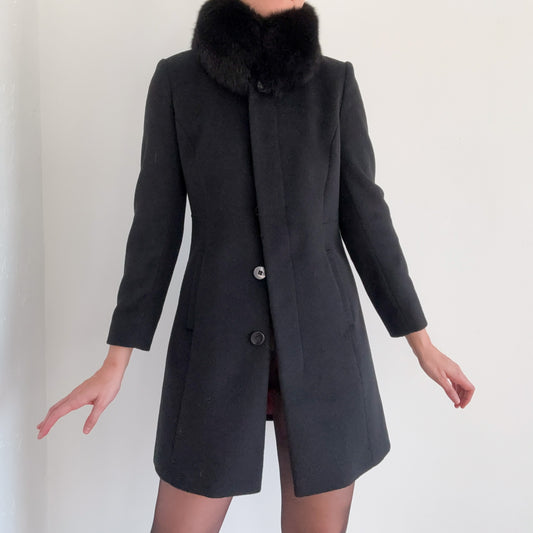 90's Black Wool Fur Coat / SZ S