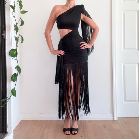Contemporary Black Sparkle Fringe Gown / SZ S