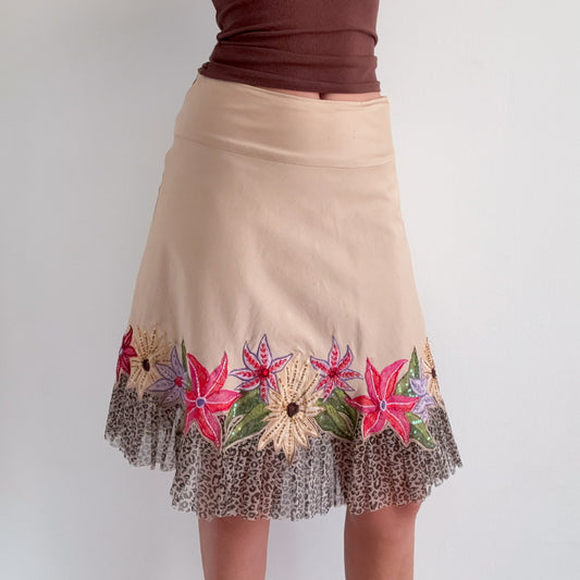 Y2K Tan Embroidered Flower Leopard Midi Skirt / SZ S