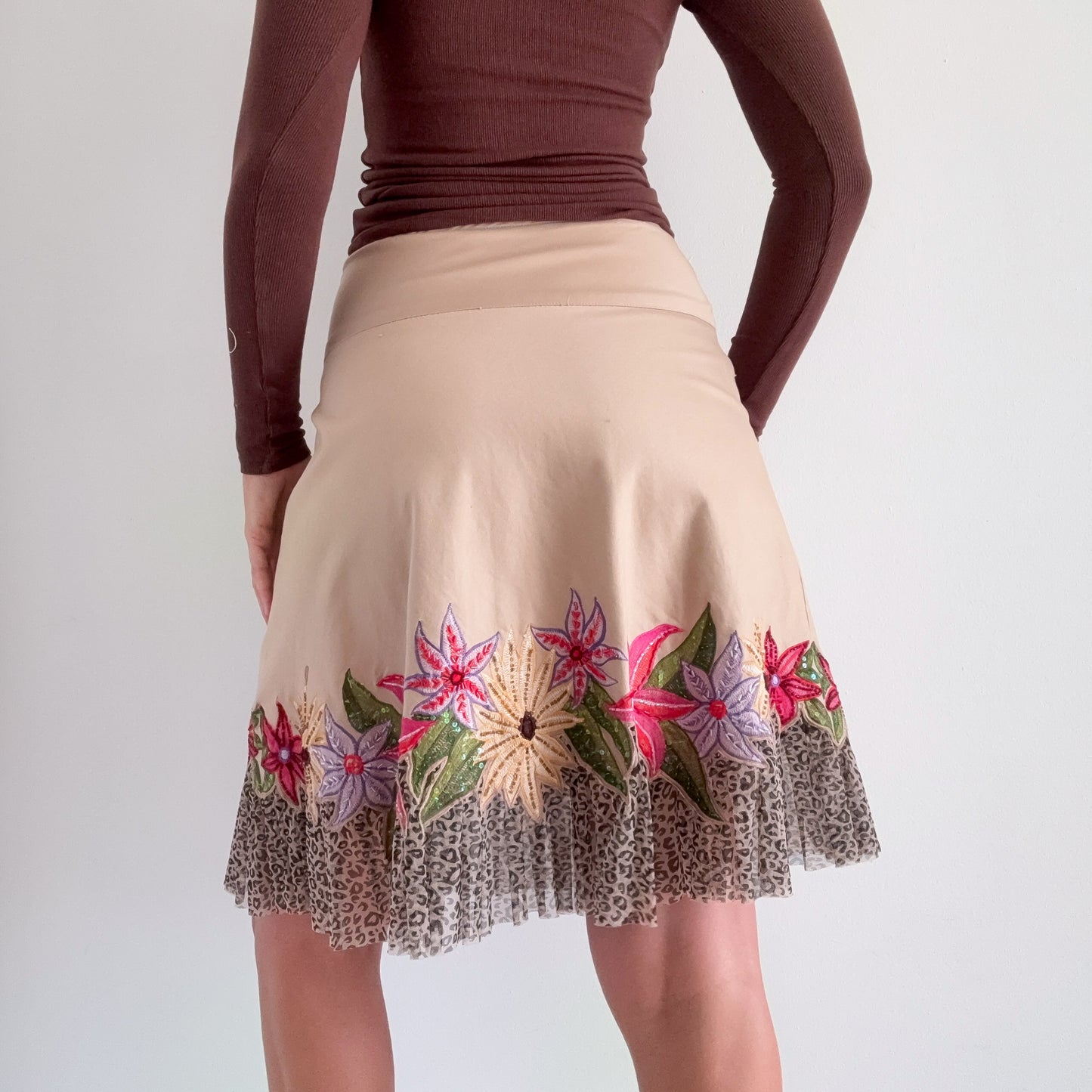 Y2K Tan Embroidered Flower Leopard Midi Skirt / SZ S