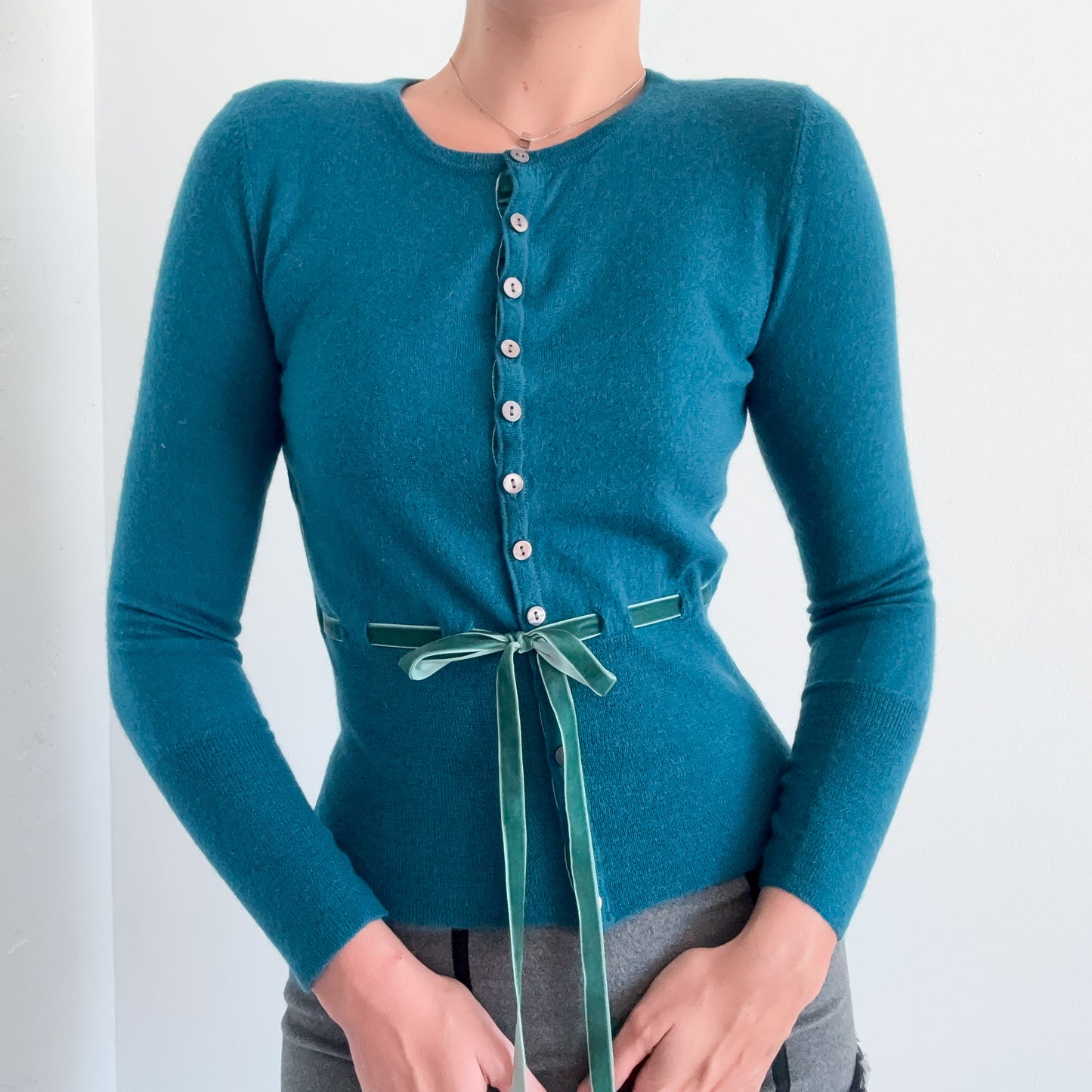 Y2K Peacock Wool Knit Ribbon Cardigan / SZ S/M