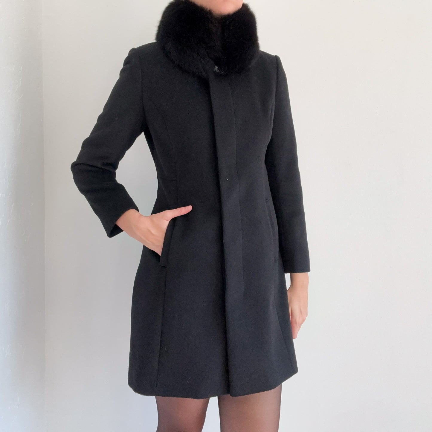 90's Black Wool Fur Coat / SZ S