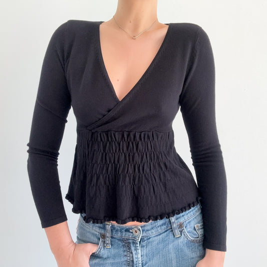 Y2K Black Knit Smocked Babydoll Top / SZ S