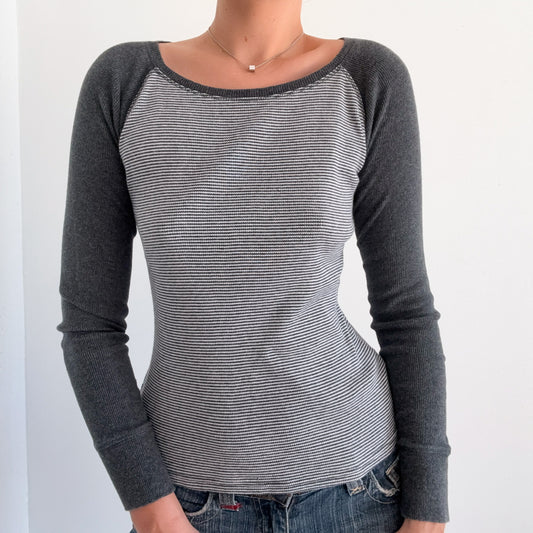 Y2K Grey Striped Thermal Long Sleeve / SZ M