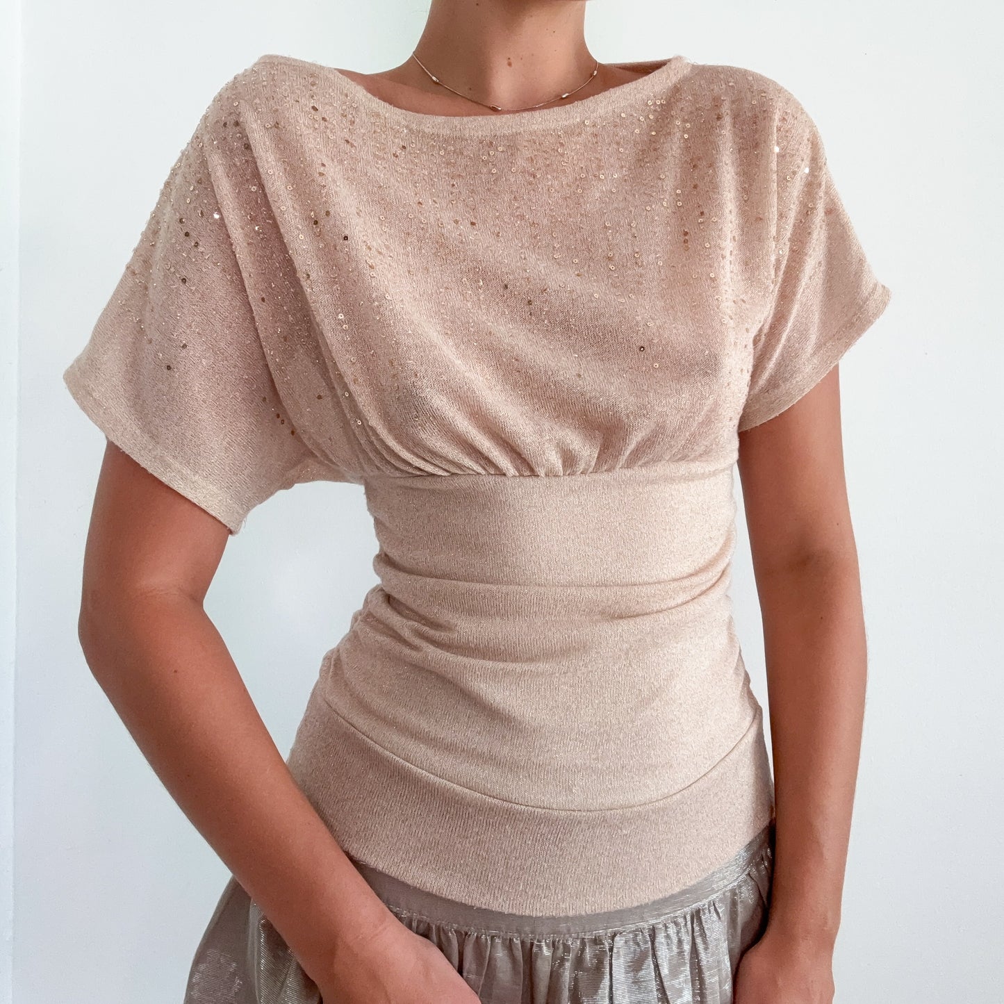 Y2K Champagne Sparkle Sequin Knit Top / SZ M