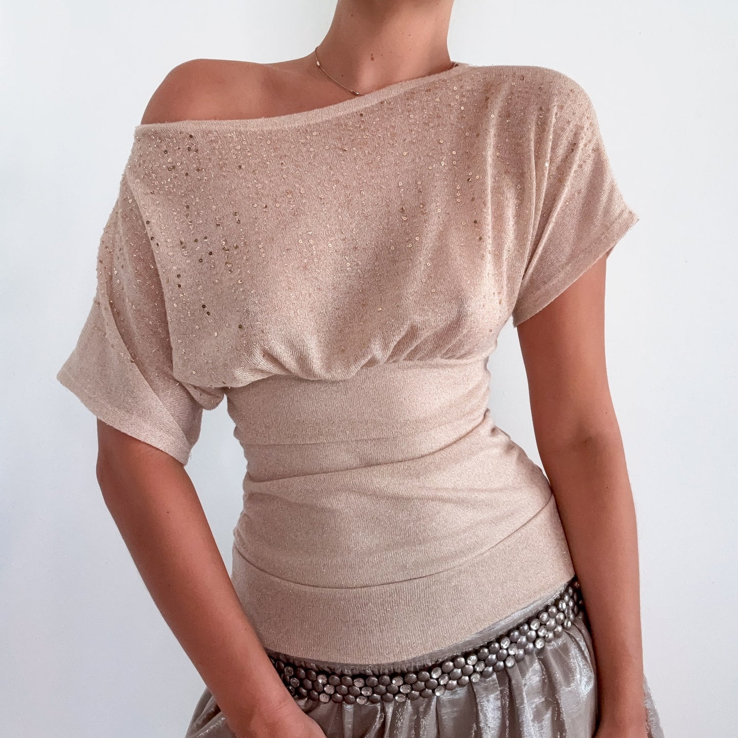 Y2K Champagne Sparkle Sequin Knit Top / SZ M