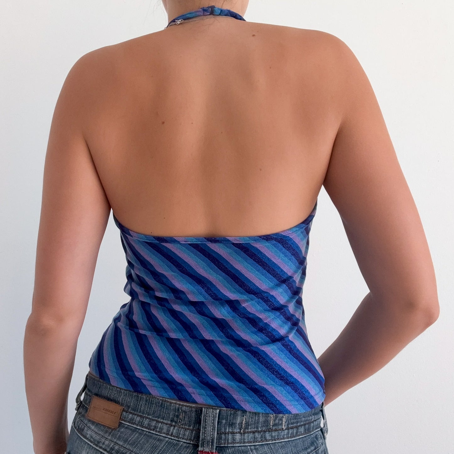 Y2K Blue & Pink Sparkle Striped Halter Top / SZ M