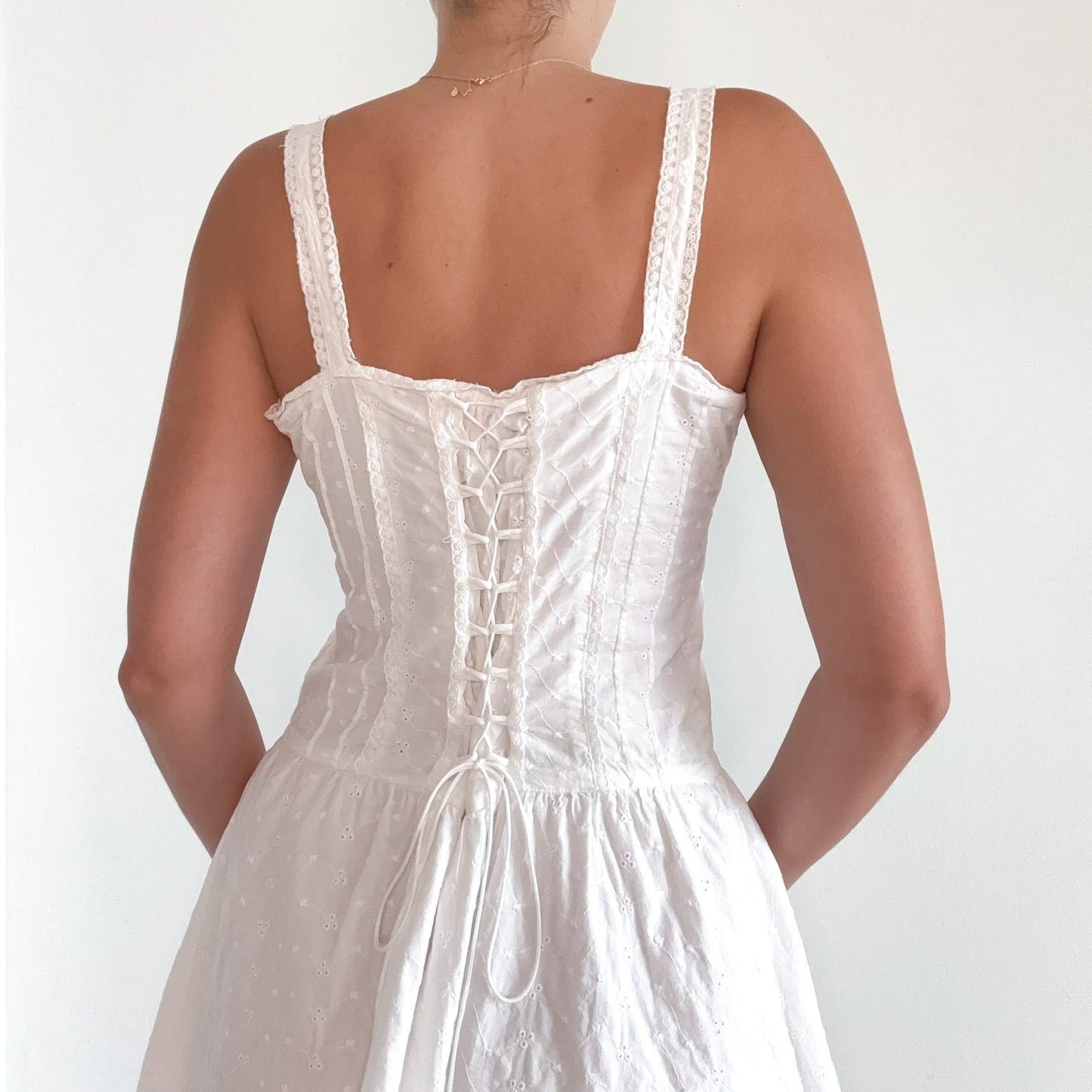 Y2K White Cotton Eyelet Lace Up Dress / SZ M