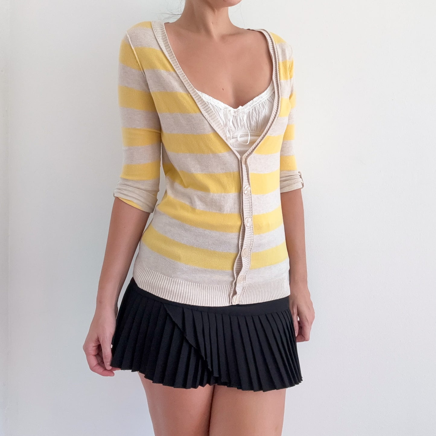 Y2K Oatmeal & Yellow Striped Knit Cardigan / SZ S-M