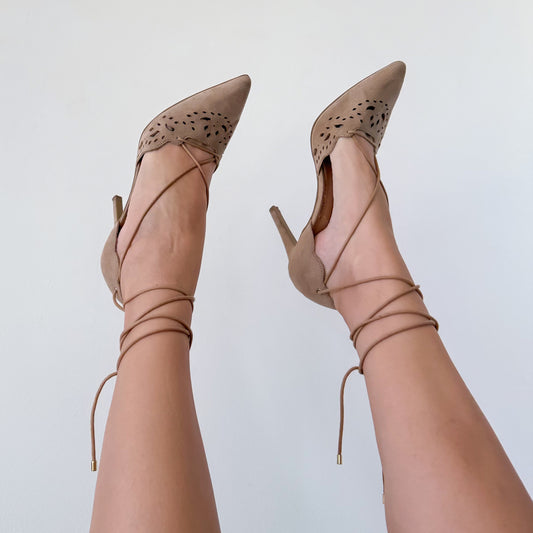 Y2K Tan Cutout Lace Up Pointed Toe Heels / SZ 9