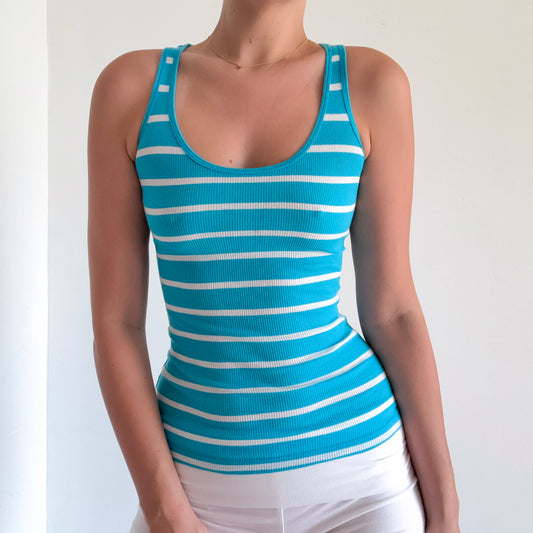 Y2k Cyan Striped Cotton Tank / SZ XS-S