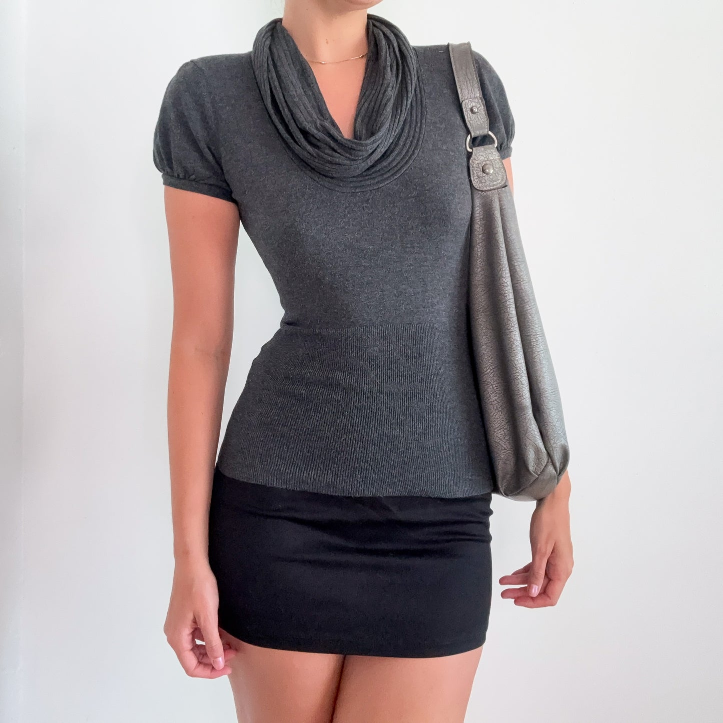 Y2K Grey Knit Cowl Neck Top / SZ S