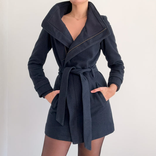 European Dark Navy Wool High Neck Coat / SZ 6