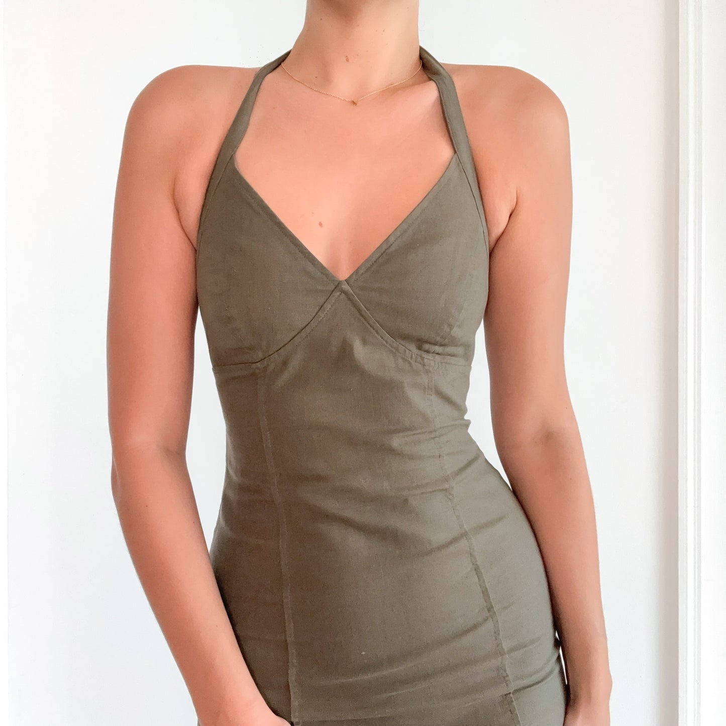 Y2K Army Green Linen Cotton Dress / SZ 4