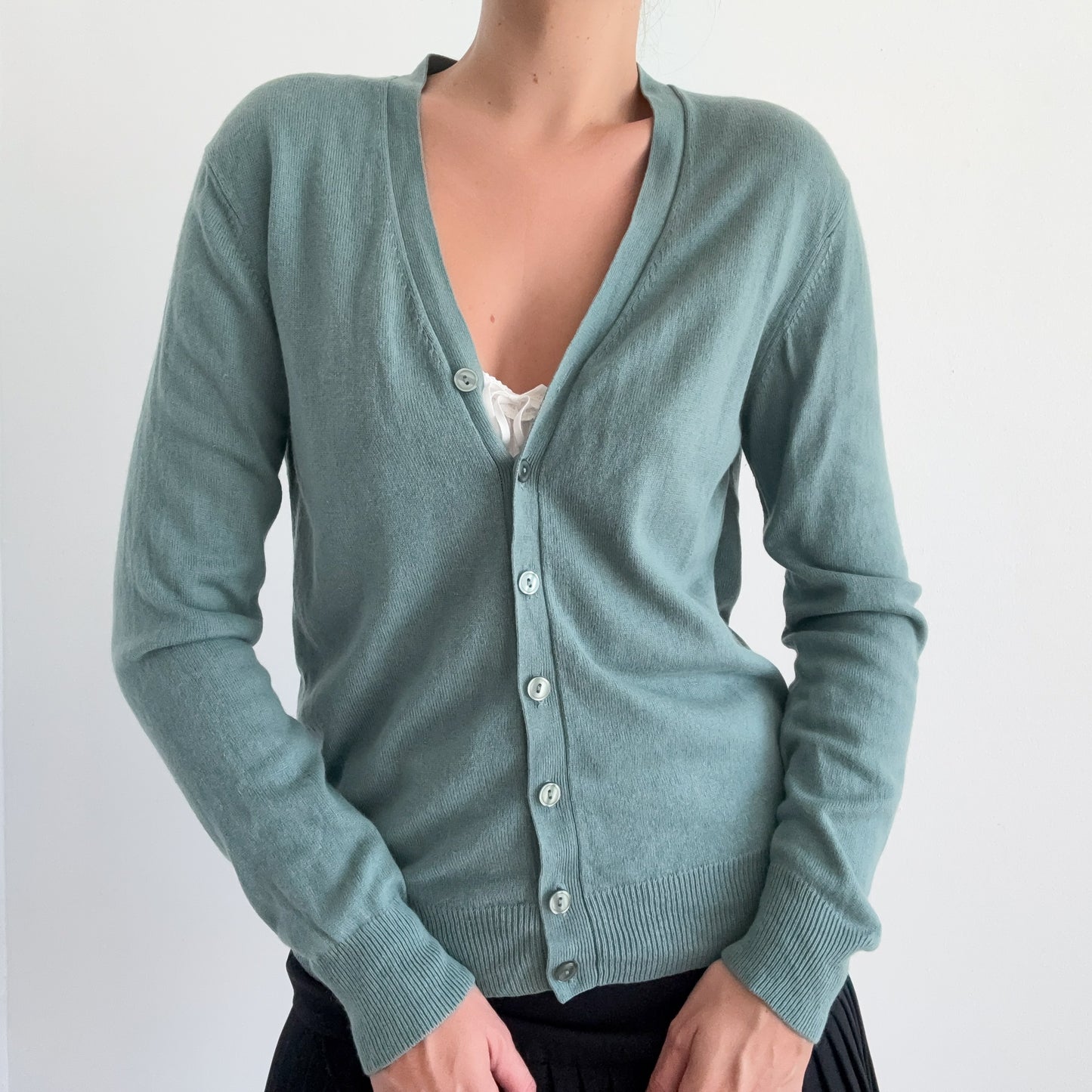 Y2K Soft Teal Silk Cashmere Knit Cardigan / SZ M