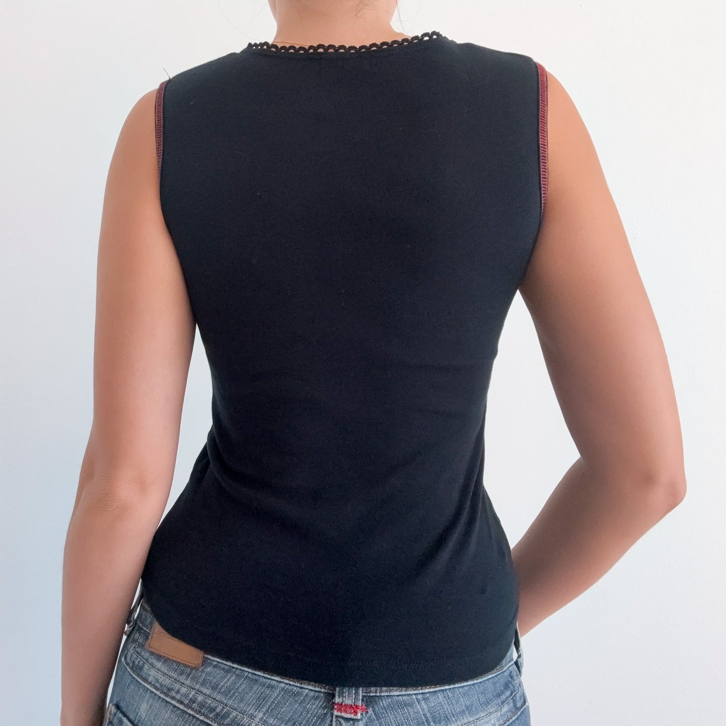 Y2K Black Embroidered Flower Lace Up Top / SZ S