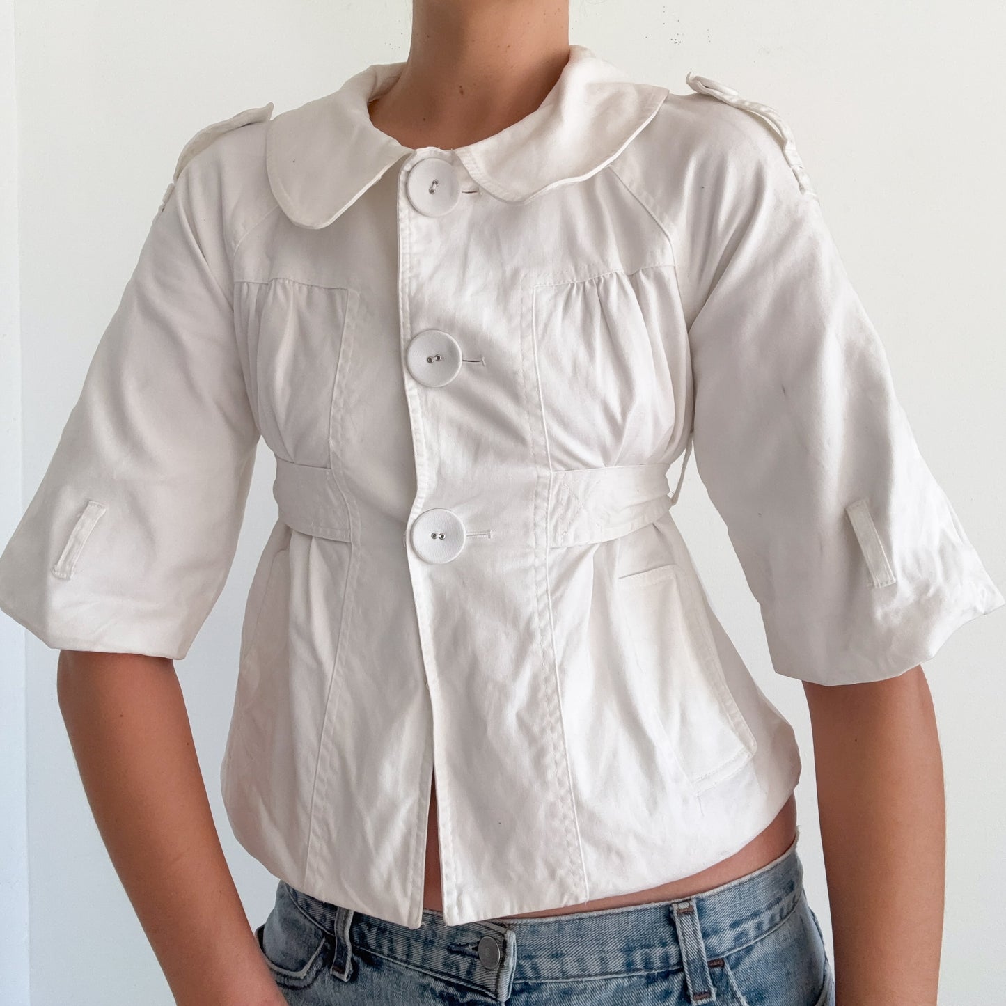 Y2K White Cotton Cropped Peacoat / SZ S