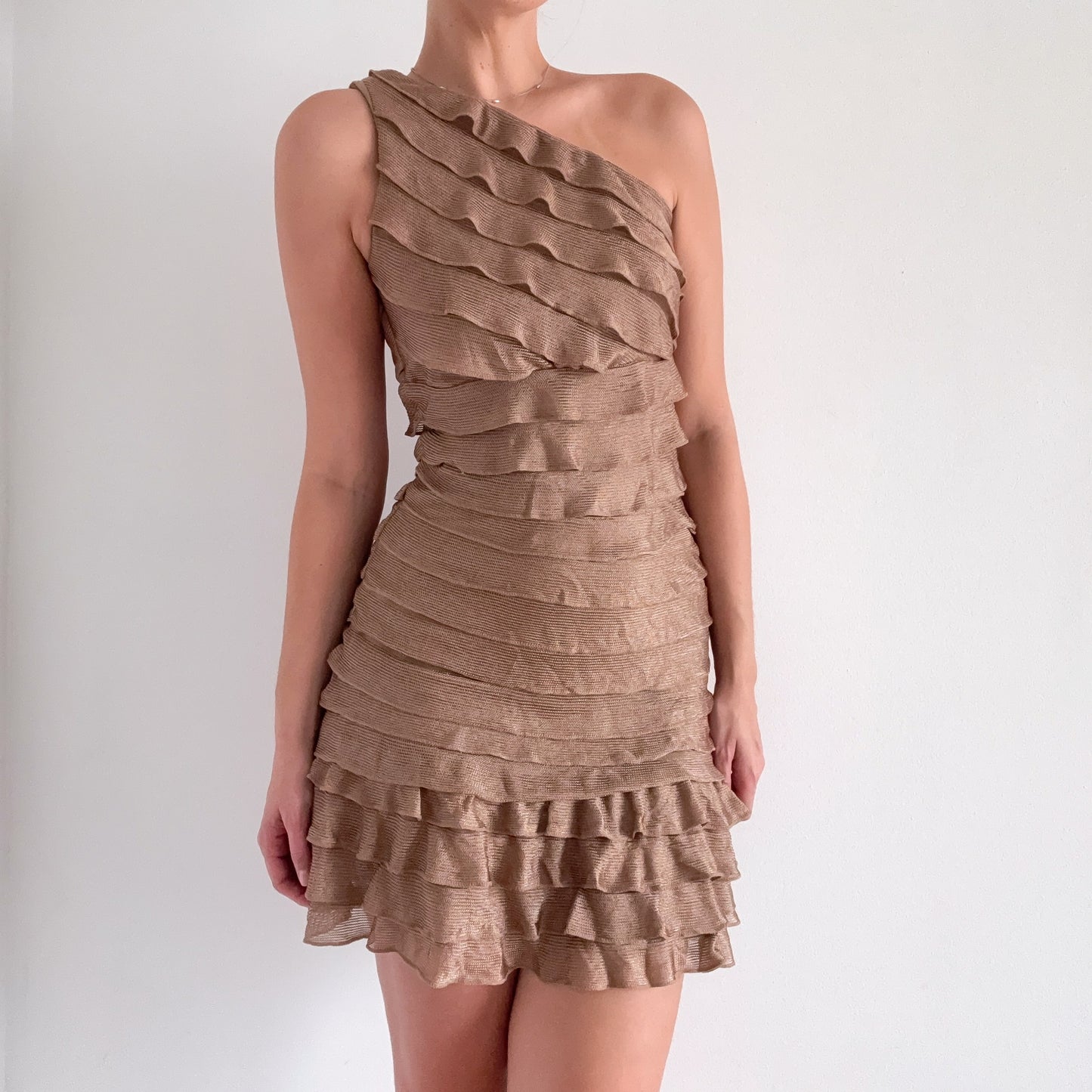Y2K Light Brown Ruffle One Shoulder Dress / SZ S