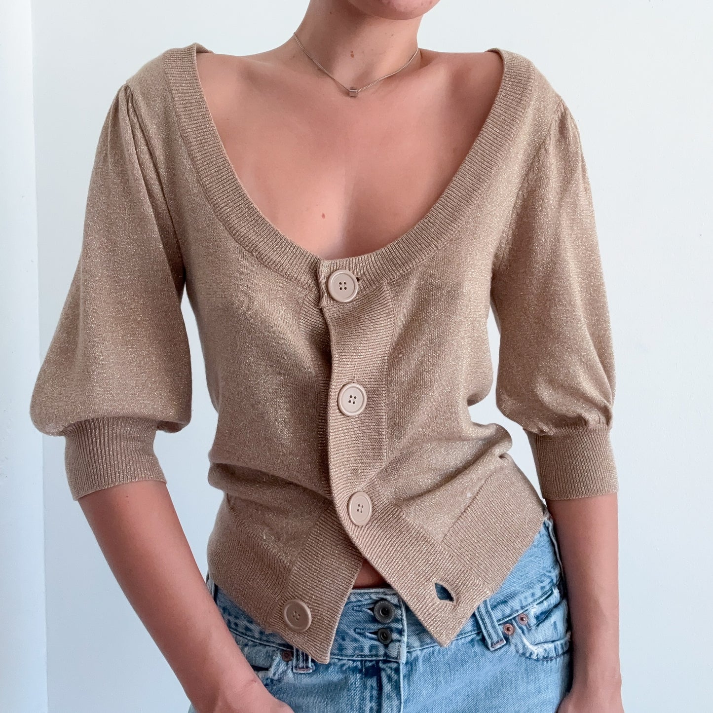 Y2K Gold Sparkle Knit Slouchy Cardigan / SZ M