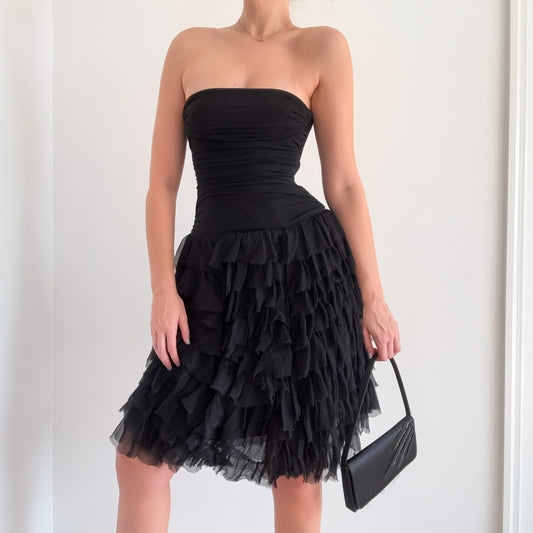 Y2K BCBGMaxAzria Black Silk Ruffle Dress / SZ XS-S