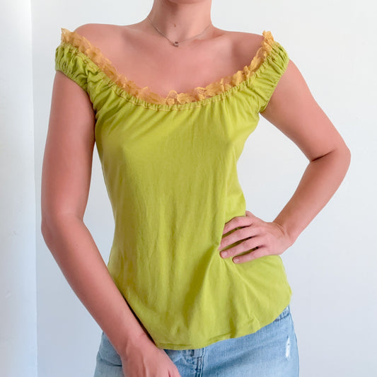 Y2K Lime Green Lace Scrunch Top / SZ M