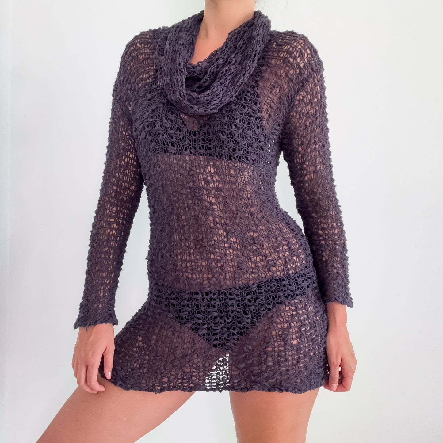 Y2K Purple Knitted Cowl Neck Mini Dress / One Size