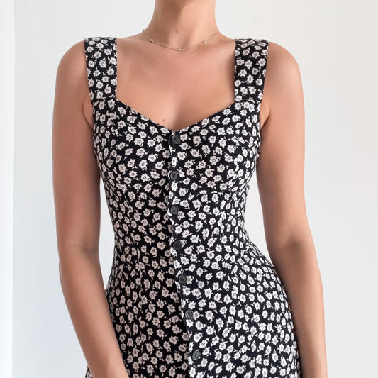 90's Black & White Floral Rayon Mini Dress / SZ 2/4