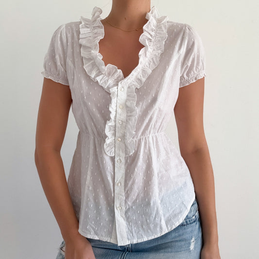 Y2K White Cotton Dot Ruffle Blouse / SZ M