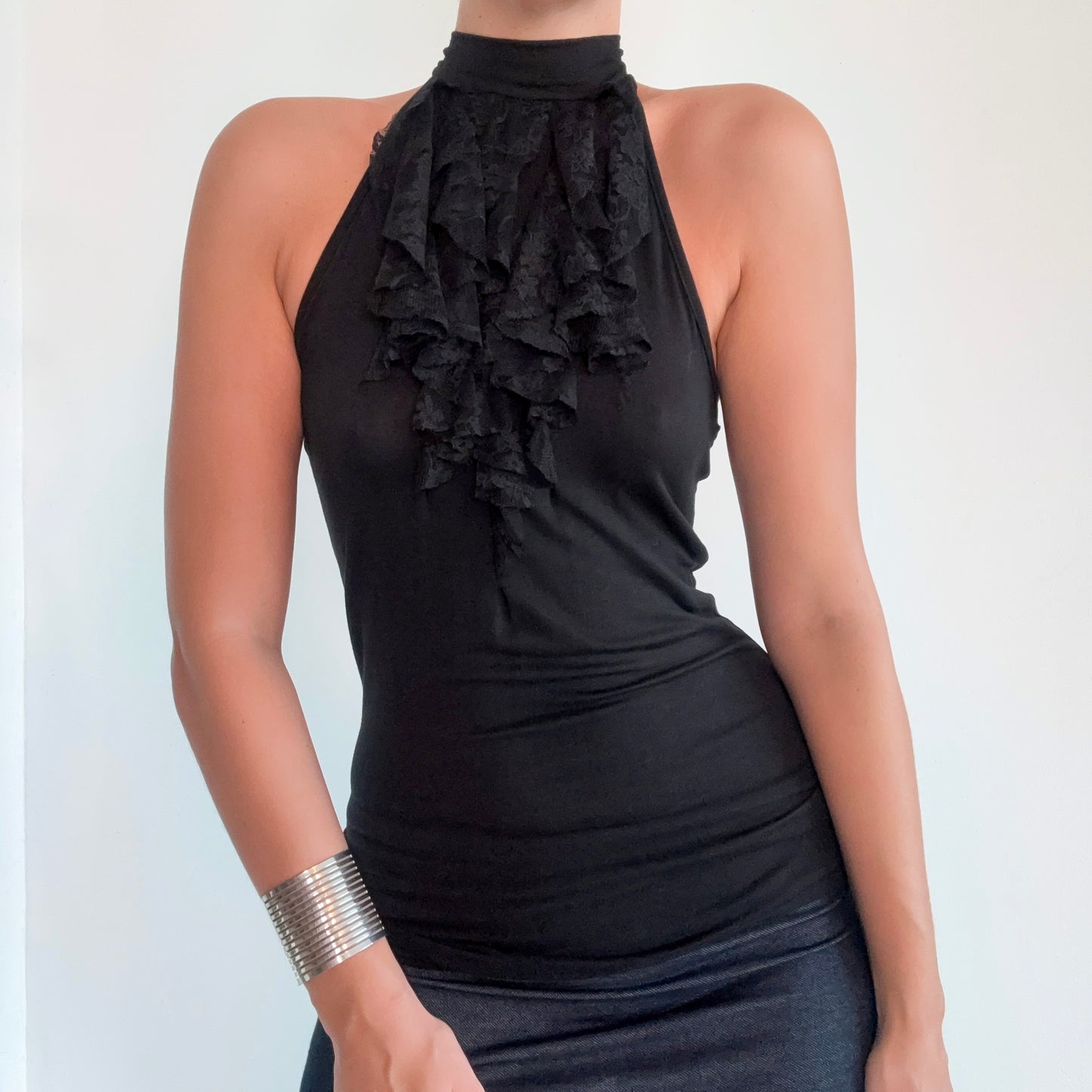 Y2K Black Modal Ruffle Lace Tunic / SZ S-M