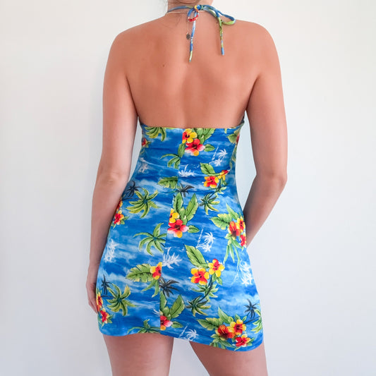 90's Royal Blue Tropical Halter Mini Dress / SZ M-L