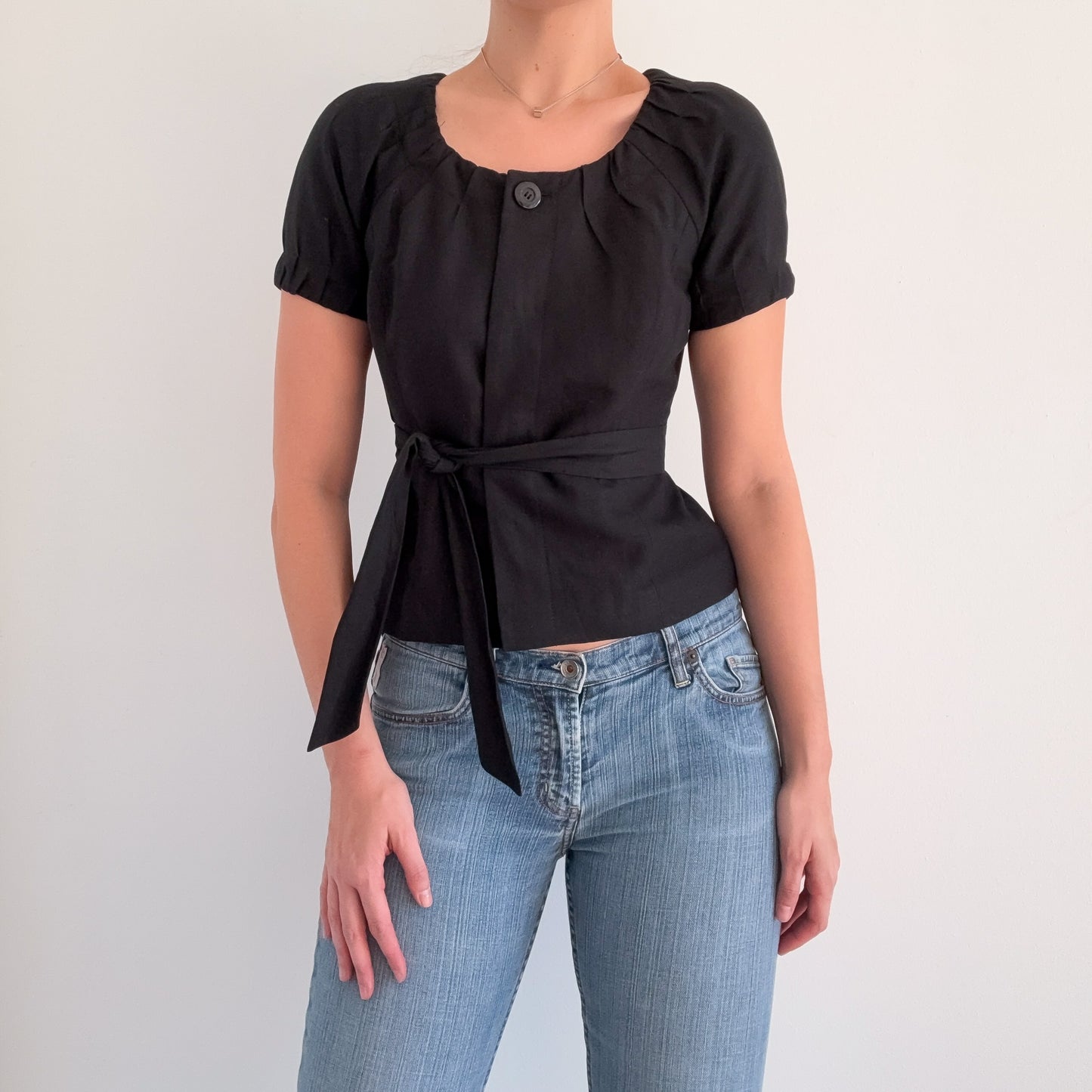 Y2K Black Linen Short Sleeve Jacket / SZ 2