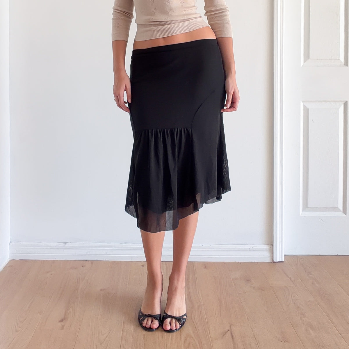 Y2K Black Mesh Ruched Midi Skirt / SZ S-M