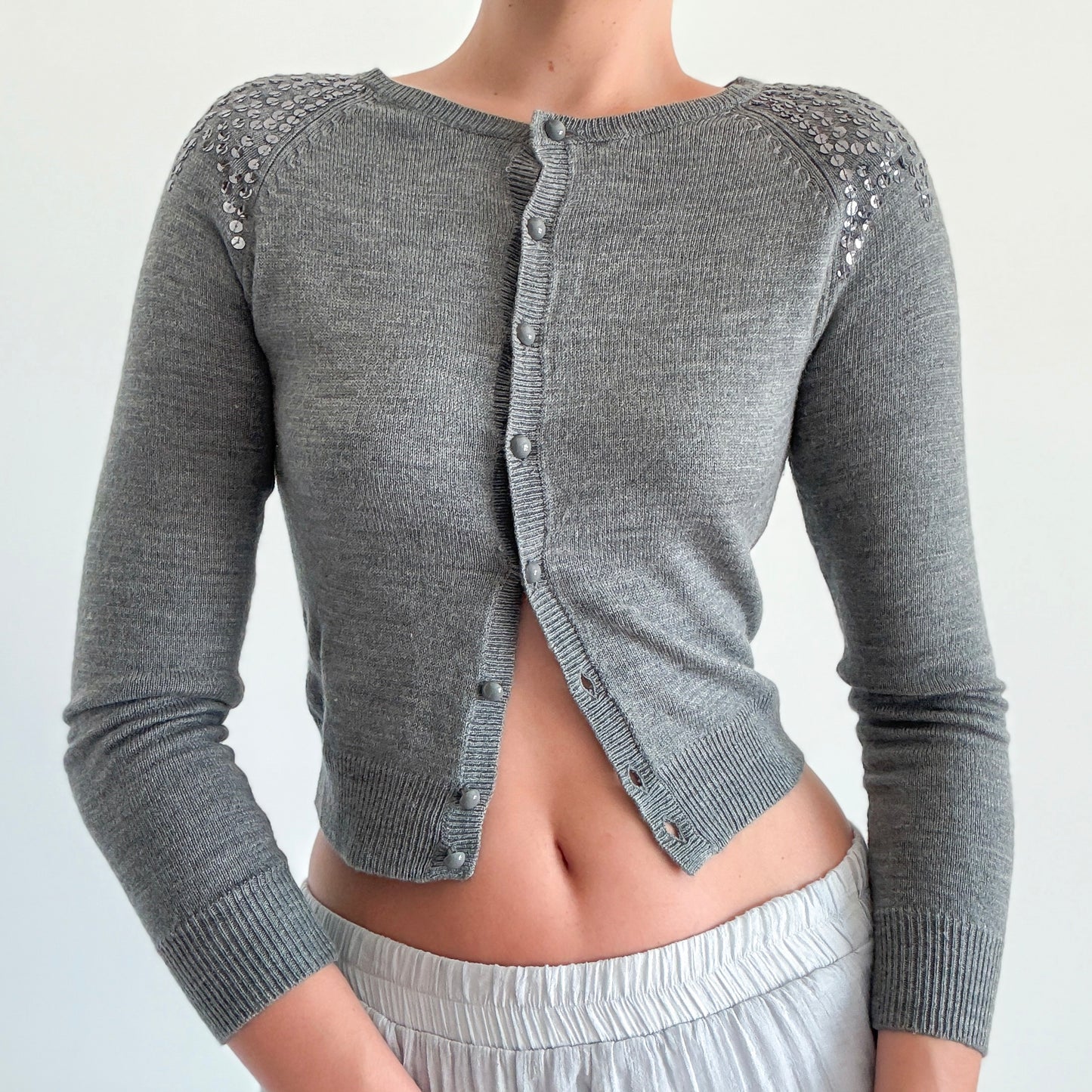 Y2K Grey Sequin Knit Cardigan / SZ S
