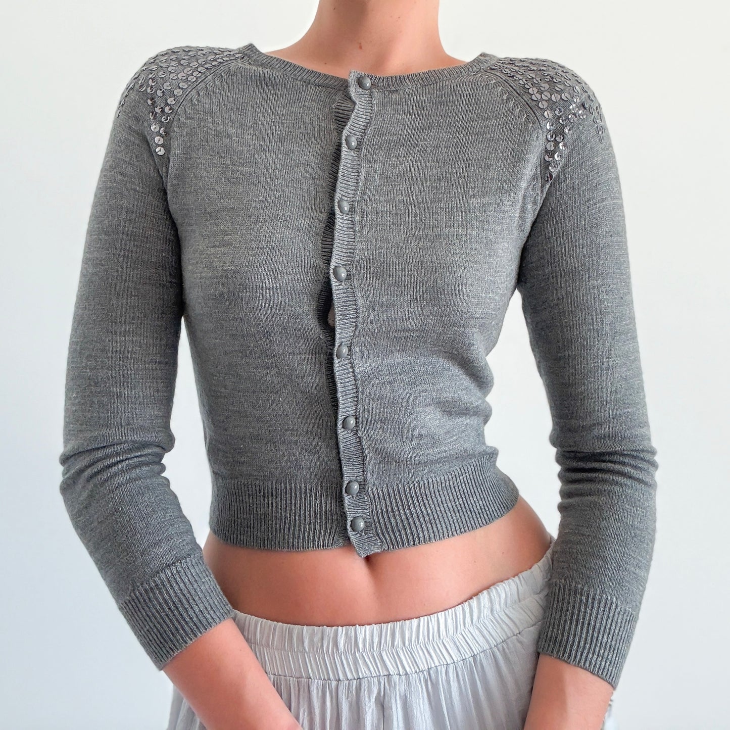 Y2K Grey Sequin Knit Cardigan / SZ S