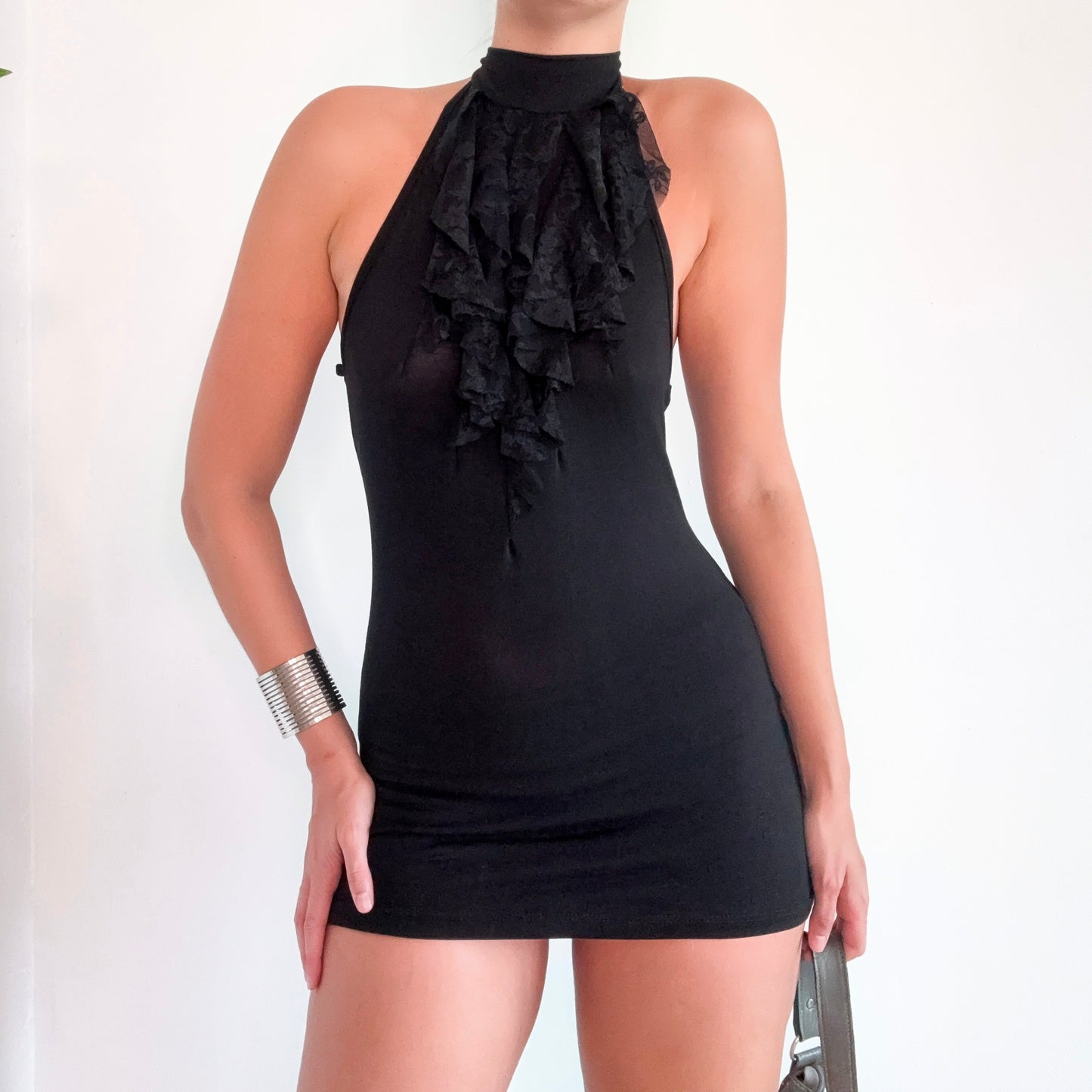 Y2K Black Modal Ruffle Lace Tunic / SZ S-M