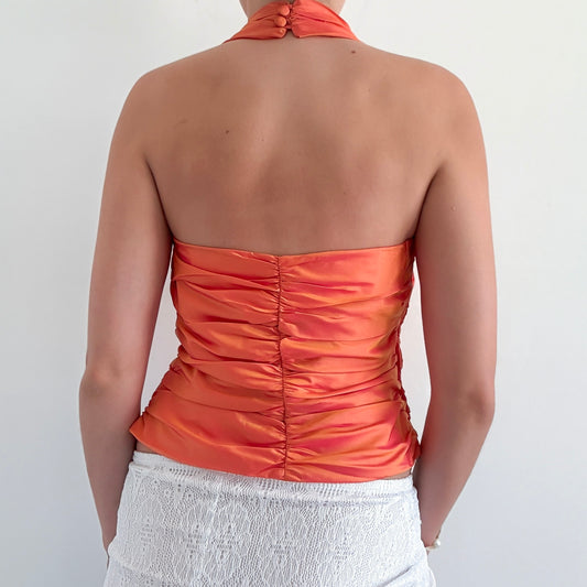 Y2K Iridescent Orange Taffeta Halter Top / SZ 8/10