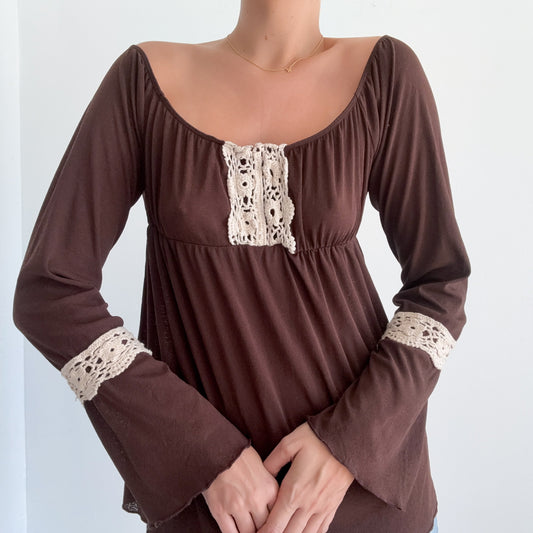 Y2K Brown Crochet Hippie Long Sleeve / SZ L