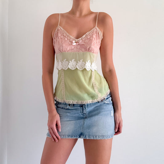 Y2K Baby Pink & Lime Lace Tank / SZ S-M