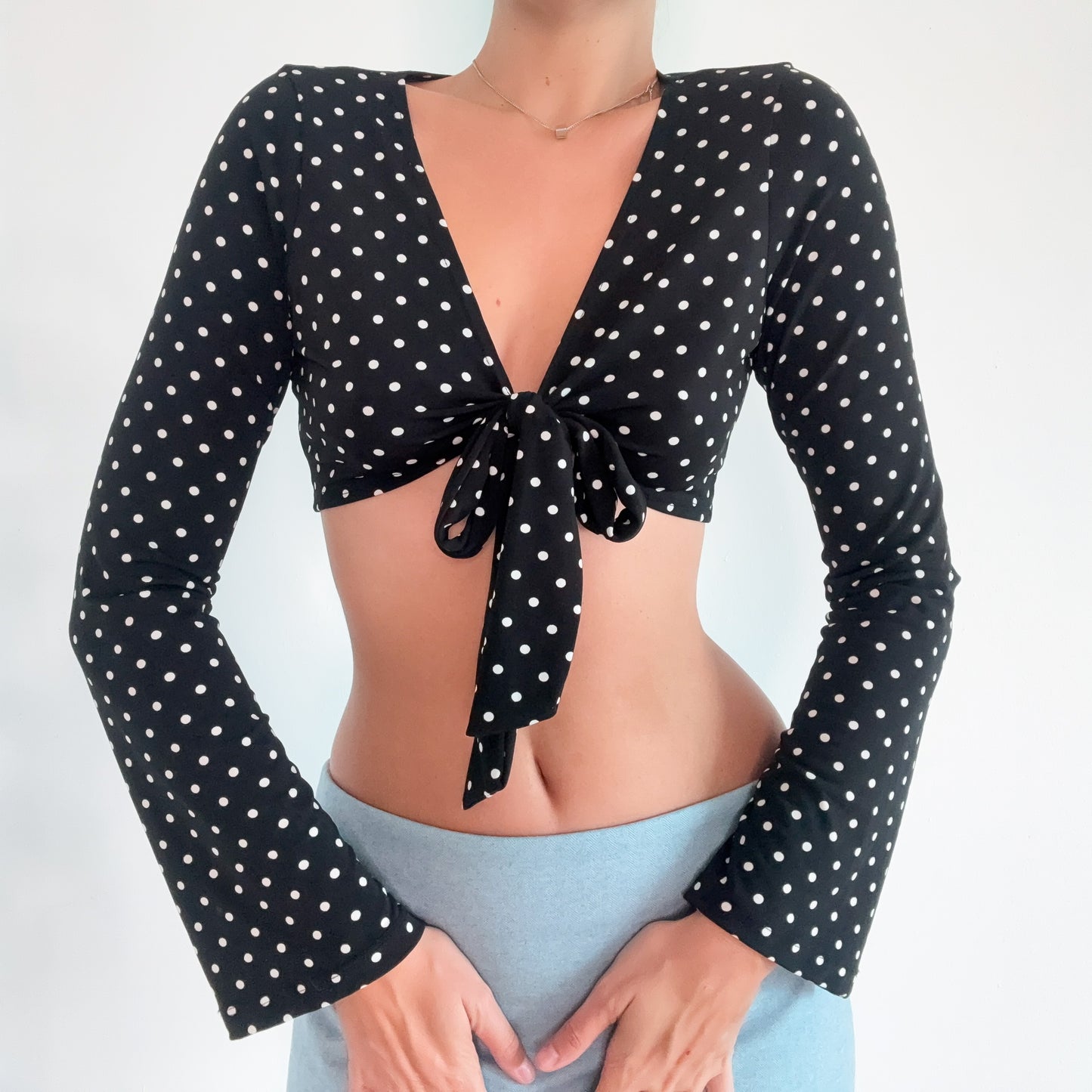 Y2K Black Polka Dot Cropped Tie Top / SZ M-L